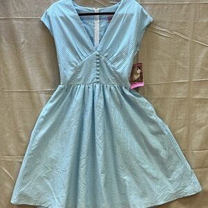 Blue cotton dress. No MSRP, but tagged. Minor stain on skirt. Bettie Page style